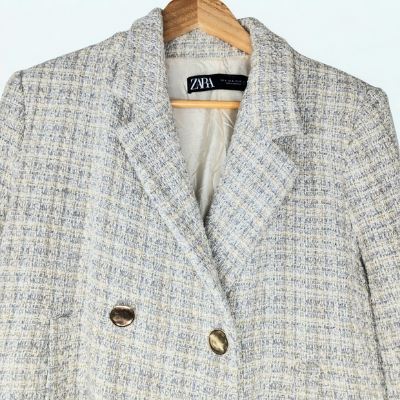 Zara Tweed Crop White Gold Button Blazer XL - Picture 3 of 6